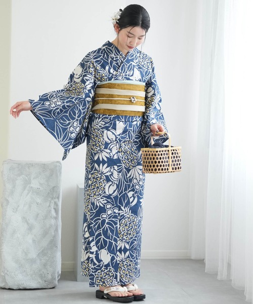 手染め注染浴衣3点セット utatane×注染工房 赤坂紬 青藍に南国果物