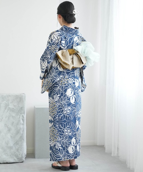 手染め注染浴衣3点セット utatane×注染工房 赤坂紬 青藍に南国果物