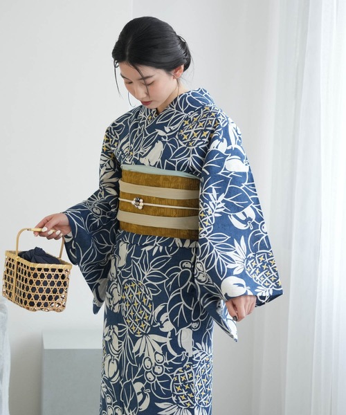 手染め注染浴衣3点セット utatane×注染工房 赤坂紬 青藍に南国果物