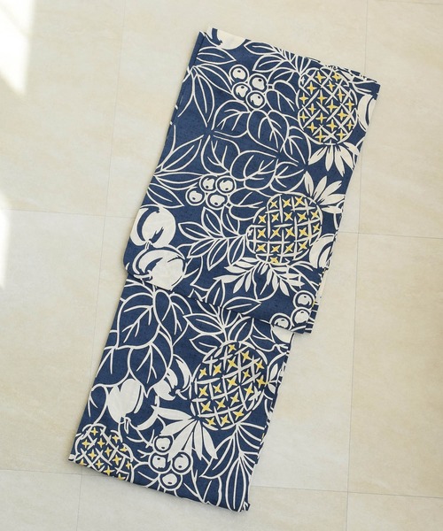 浴衣3点セット utatane×注染工房 赤坂紬 青藍にかごめなでしこ染め分け 手染め注染浴衣3点セット utatane×注染工房 赤坂紬 青藍に南国果物