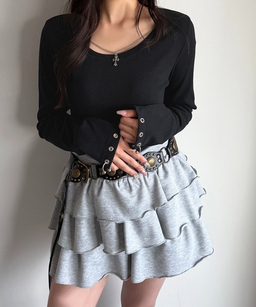 apres jour mignon（アプレジュールミニョン）の「アクセサリー付きリブトップス【ZOZOTOWN限定アイテム 】（Tシャツ/カットソー・レディース・ブラウン系その他/杢グレー/ブラック・X-LARGE/フリー）」の5枚目の写真