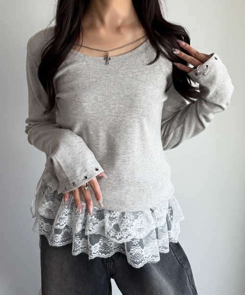 apres jour mignon（アプレジュールミニョン）の「アクセサリー付きリブトップス【ZOZOTOWN限定アイテム 】（Tシャツ/カットソー・レディース・ブラウン系その他/杢グレー/ブラック・X-LARGE/フリー）」の7枚目の写真