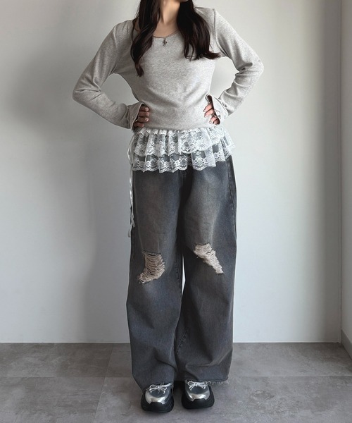 apres jour mignon（アプレジュールミニョン）の「アクセサリー付きリブトップス【ZOZOTOWN限定アイテム 】（Tシャツ/カットソー・レディース・ブラウン系その他/杢グレー/ブラック・X-LARGE/フリー）」の8枚目の写真