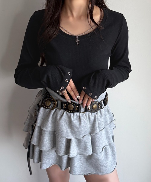 apres jour mignon（アプレジュールミニョン）の「アクセサリー付きリブトップス【ZOZOTOWN限定アイテム 】（Tシャツ/カットソー・レディース・ブラウン系その他/杢グレー/ブラック・X-LARGE/フリー）」の11枚目の写真