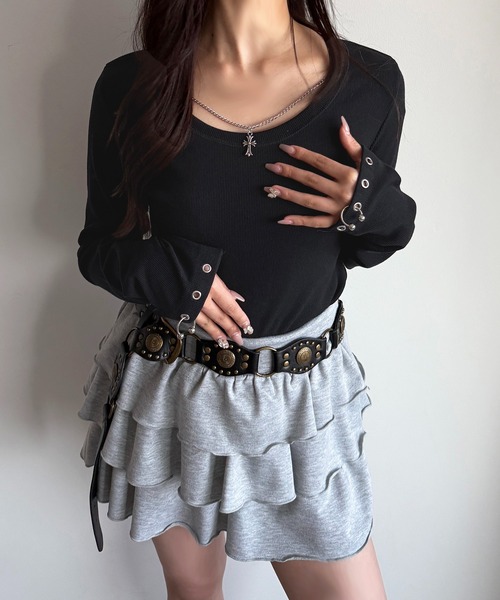 apres jour mignon（アプレジュールミニョン）の「アクセサリー付きリブトップス【ZOZOTOWN限定アイテム 】（Tシャツ/カットソー・レディース・ブラウン系その他/杢グレー/ブラック・X-LARGE/フリー）」の12枚目の写真