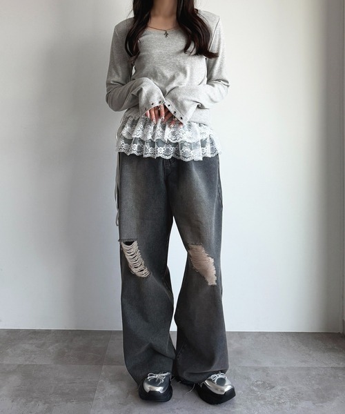 apres jour mignon（アプレジュールミニョン）の「アクセサリー付きリブトップス【ZOZOTOWN限定アイテム 】（Tシャツ/カットソー・レディース・ブラウン系その他/杢グレー/ブラック・X-LARGE/フリー）」の17枚目の写真