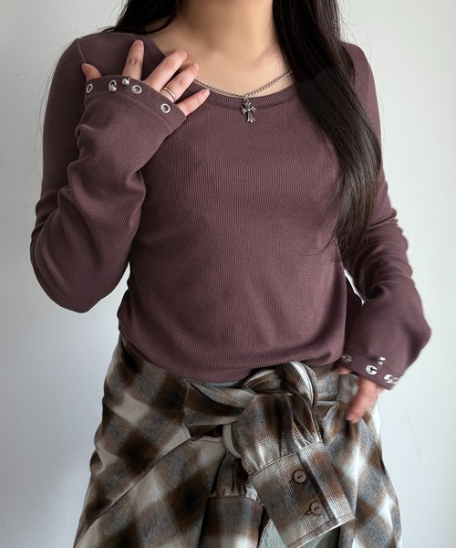 apres jour mignon（アプレジュールミニョン）の「アクセサリー付きリブトップス【ZOZOTOWN限定アイテム 】（Tシャツ/カットソー・レディース・ブラウン系その他/杢グレー/ブラック・X-LARGE/フリー）」の18枚目の写真