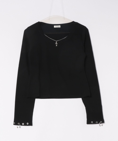 apres jour mignon（アプレジュールミニョン）の「アクセサリー付きリブトップス【ZOZOTOWN限定アイテム 】（Tシャツ/カットソー・レディース・ブラウン系その他/杢グレー/ブラック・X-LARGE/フリー）」の4枚目の写真