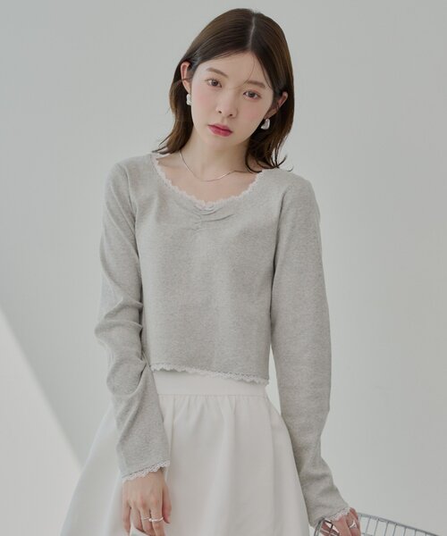 Chico(チコ)の「レースギャザーリブロンT(Tシャツ/カットソー・レディース・グレー/ネイビー/ピンク/ホワイト・FREE)」の2枚目の写真