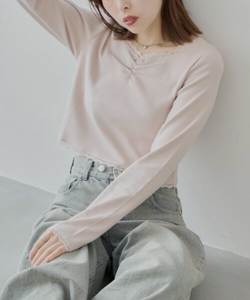 Chico(チコ)の「レースギャザーリブロンT(Tシャツ/カットソー・レディース・グレー/ネイビー/ピンク/ホワイト・FREE)」の4枚目の写真