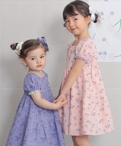 パール付きチェリー×リボンプリントネックリボンプリーツワンピース