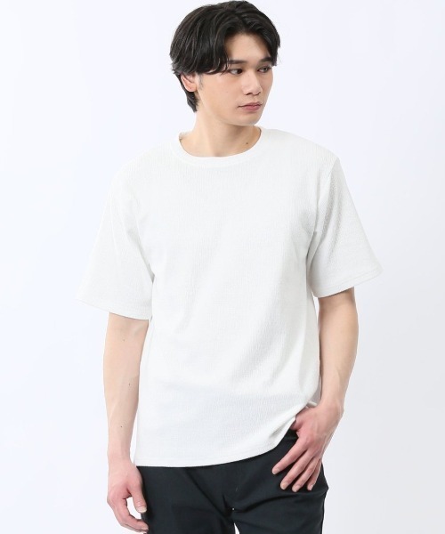 m.f.editorial(エムエフエディトリアル)の「【ストレッチ】m.f.エディトリアル メンズ ジャガード クルーネック 半袖 Tシャツ(Tシャツ/カットソー・メンズ・ホワイト/グレー系その他2/ブラック/ホワイト×ブラック・MEDIUM/X-LARGE/LARGE)」の2枚目の写真