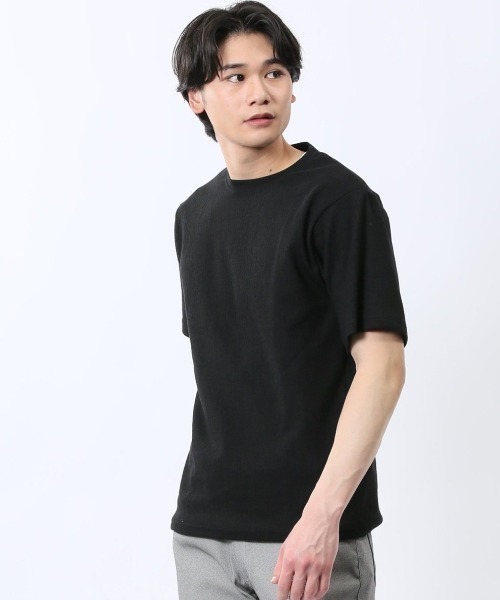m.f.editorial(エムエフエディトリアル)の「【ストレッチ】m.f.エディトリアル メンズ ジャガード クルーネック 半袖 Tシャツ(Tシャツ/カットソー・メンズ・ホワイト/グレー系その他2/ブラック/ホワイト×ブラック・MEDIUM/X-LARGE/LARGE)」の4枚目の写真