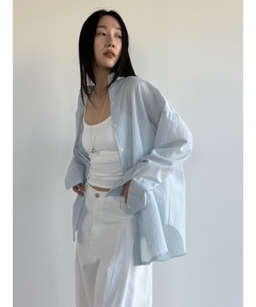 Didot.showroom(ディドット ショールーム)の「リンクルストライプオーバーシャツ(シャツ/ブラウス・レディース・アイボリー/スカイブルー・FREE)」の1枚目の写真
