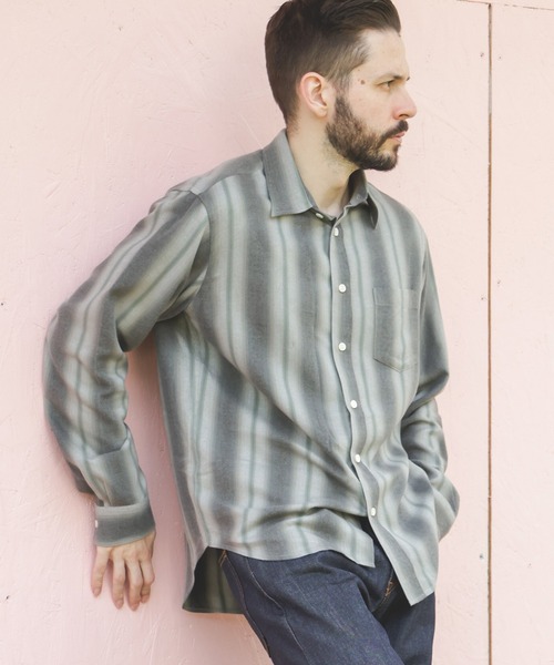 MR.OLIVE(ミスターオリーブ)の「VINTAGE RAYON STRIPE / REGULAR COLLAR SHIRT(シャツ/ブラウス・メンズ・ブラック/グリーン・SMALL/MEDIUM/LARGE)」の1枚目の写真
