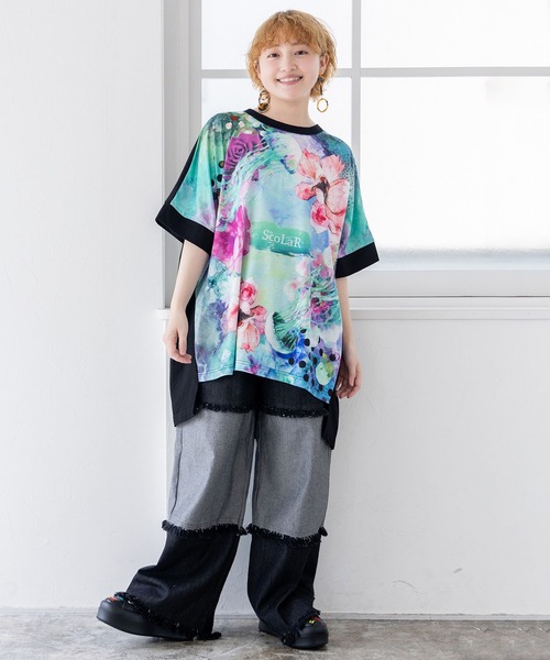 セール】152637：花クラゲ柄 切替チュニック（Tシャツ