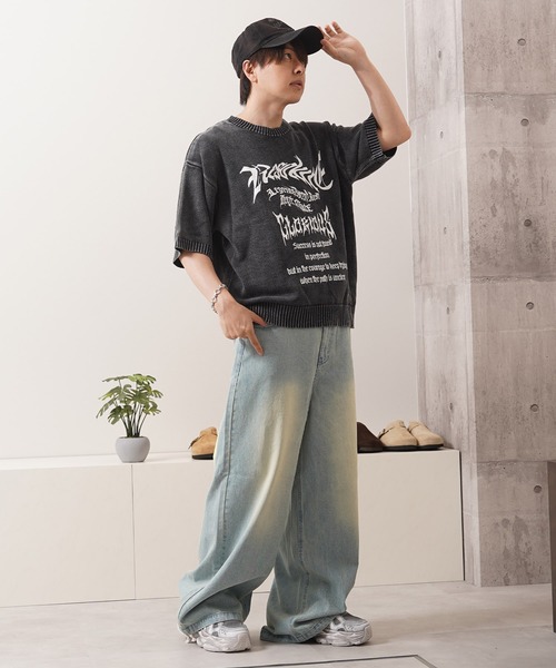 ★完売品★ウエストロゴワイドデニムパンツ セール】【春夏新作】バックラインストーンロゴワイドデニム