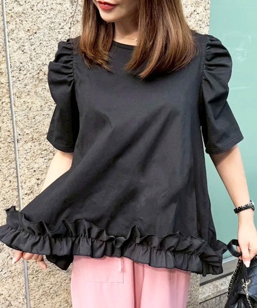 ASTRÆT フリル付き黒半袖Tシャツ アシンメトリーフリルTシャツ – レディースファッション通販の夢