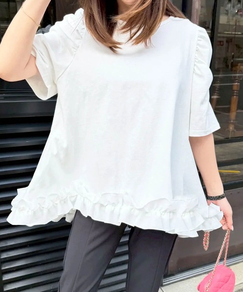 Aveniretoile◆裾フリルカットソー/32/レーヨン/WHT/無地/S837-008 m-i-d e-shopping ”ADVANCED SUMMER SALE”裾フリルカットソー