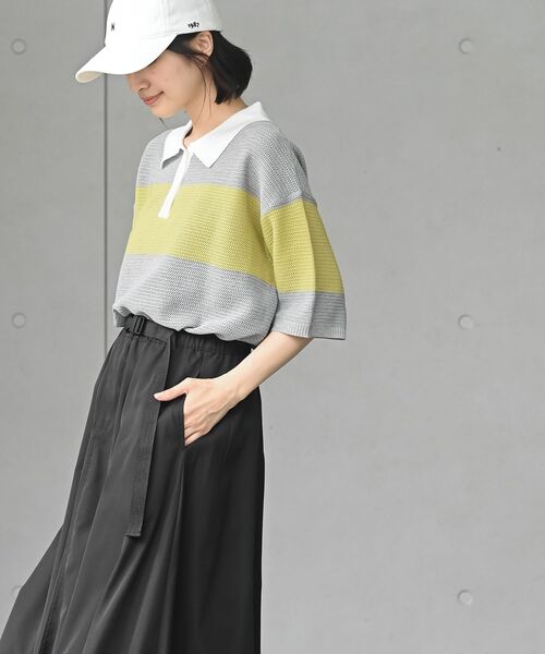 透かし編みボーダー半袖ニットポロ（ポロシャツ）｜rps（アール