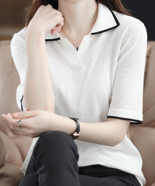 Miniministore(ミニミニストア)の「半袖 ポロシャツ レディース ニット夏服(Tシャツ/カットソー・レディース・ブラック/ホワイト・FREE)」の1枚目の写真