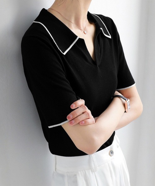 Miniministore(ミニミニストア)の「半袖 ポロシャツ レディース ニット夏服(Tシャツ/カットソー・レディース・ブラック/ホワイト・FREE)」の2枚目の写真