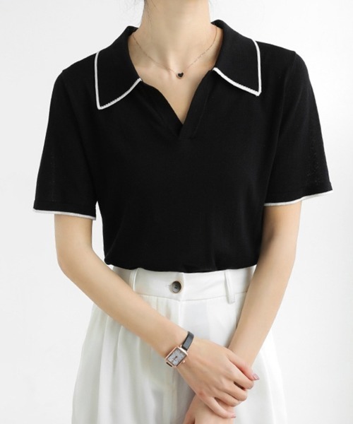 Miniministore(ミニミニストア)の「半袖 ポロシャツ レディース ニット夏服(Tシャツ/カットソー・レディース・ブラック/ホワイト・FREE)」の14枚目の写真