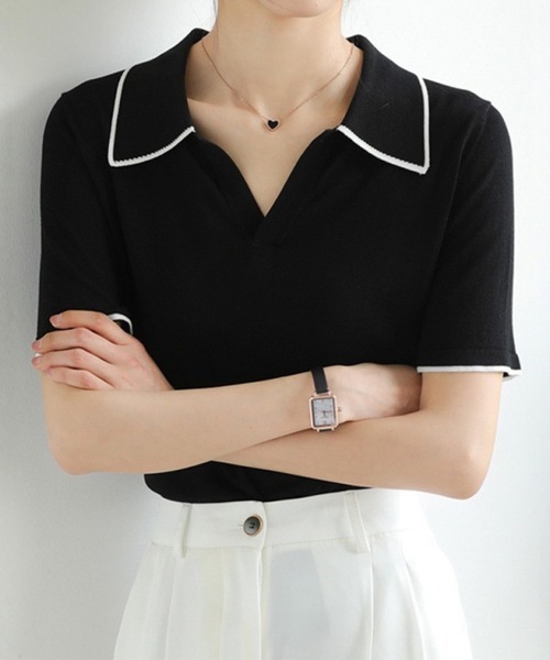 Miniministore(ミニミニストア)の「半袖 ポロシャツ レディース ニット夏服(Tシャツ/カットソー・レディース・ブラック/ホワイト・FREE)」の15枚目の写真