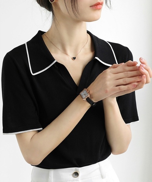 Miniministore(ミニミニストア)の「半袖 ポロシャツ レディース ニット夏服(Tシャツ/カットソー・レディース・ブラック/ホワイト・FREE)」の16枚目の写真