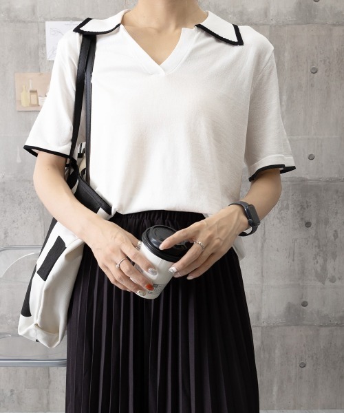 Miniministore(ミニミニストア)の「半袖 ポロシャツ レディース ニット夏服(Tシャツ/カットソー・レディース・ブラック/ホワイト・FREE)」の3枚目の写真
