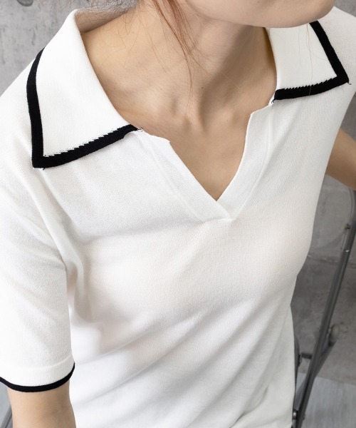 Miniministore(ミニミニストア)の「半袖 ポロシャツ レディース ニット夏服(Tシャツ/カットソー・レディース・ブラック/ホワイト・FREE)」の4枚目の写真