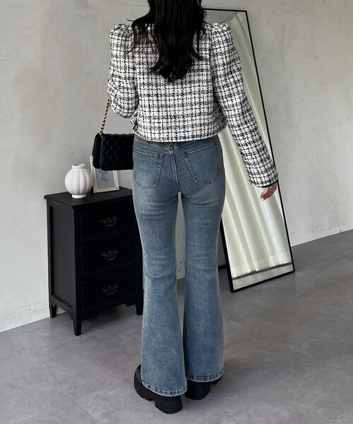 prose verse（プロズヴェール）の「【美脚見え】ロゴパッチ付きストレッチフレアデニム（デニムパンツ・レディース・ブルー/サックスブルー/ブラック/ブルー系その他・TL/SMALL/TM/MEDIUM/LARGE/PL/PS/PM）」の19枚目の写真