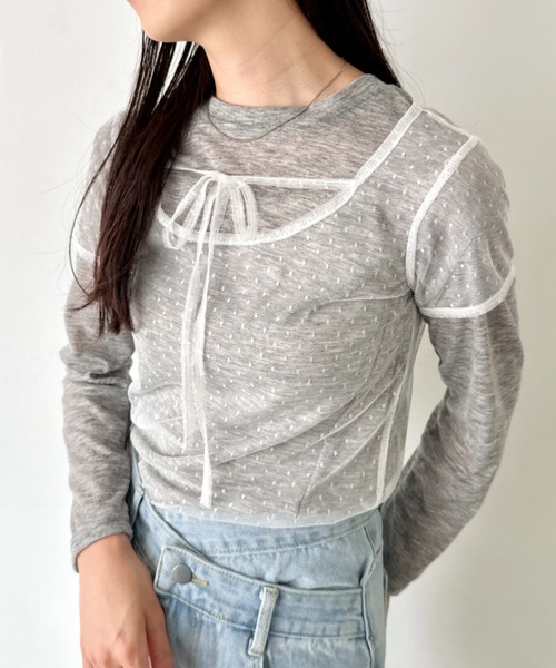 LOVALOT(ラバロット)の「ネックリボンシアートップス(Tシャツ/カットソー・レディース・ブラック/ブラウン/ホワイト/パープル・FREE)」の1枚目の写真