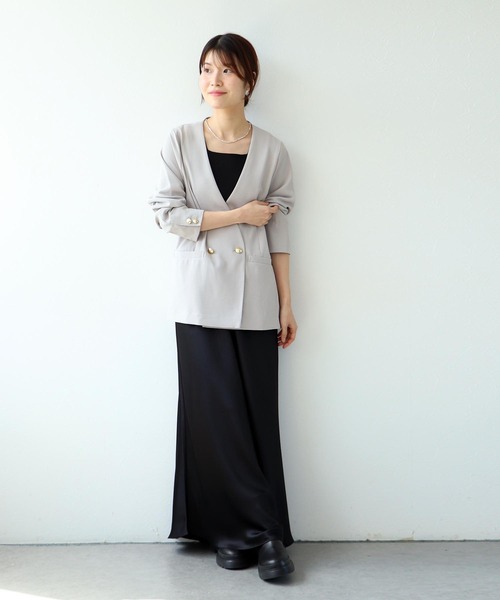 Jines(ジネス)の「ハイストレッチカルゼ ワッシャーノーカラージャケット【セットアップ可】(ノーカラージャケット・レディース・ブラウン/グレー・38)」の21枚目の写真