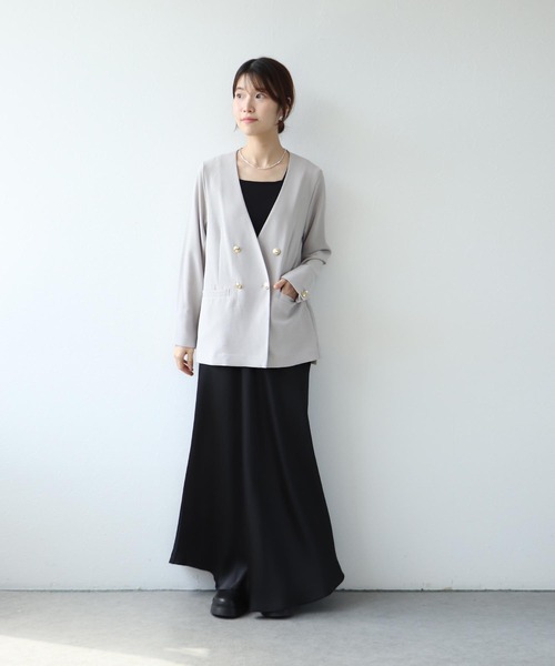 Jines(ジネス)の「ハイストレッチカルゼ ワッシャーノーカラージャケット【セットアップ可】(ノーカラージャケット・レディース・ブラウン/グレー・38)」の22枚目の写真