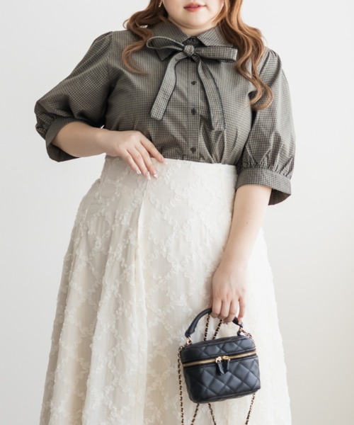 CLETTE(クレット)の「CLETTEオリジナルリボンタイチェック柄半袖ブラウス(シャツ/ブラウス・レディース・レッド/グリーン・4L/3L/LL)」の1枚目の写真