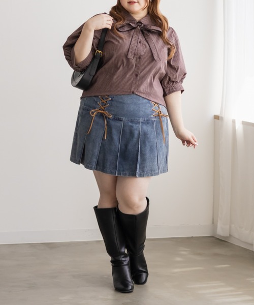 CLETTE(クレット)の「CLETTEオリジナルリボンタイチェック柄半袖ブラウス(シャツ/ブラウス・レディース・レッド/グリーン・4L/3L/LL)」の8枚目の写真