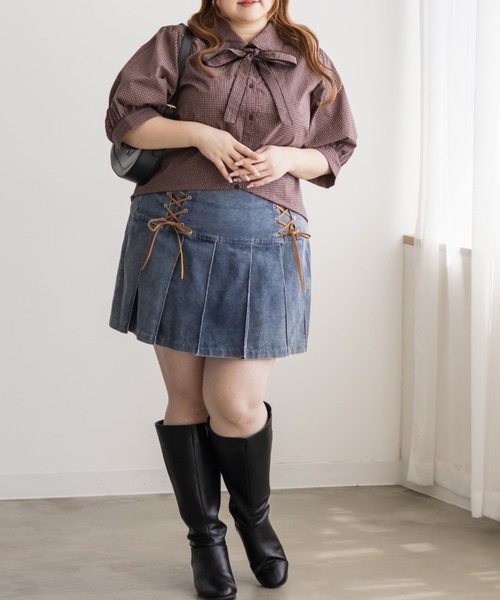 CLETTE(クレット)の「CLETTEオリジナルリボンタイチェック柄半袖ブラウス(シャツ/ブラウス・レディース・レッド/グリーン・4L/3L/LL)」の9枚目の写真