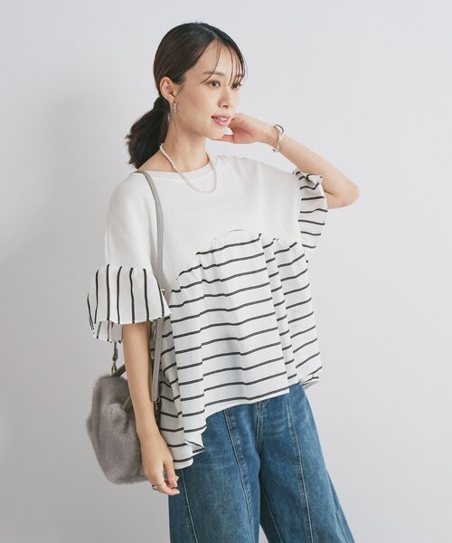 un dix cors(アンディコール)の「《一枚でサマになる》ニットドッキングドビーボーダー(ニット/セーター・レディース・ブラック/ホワイト/ベージュ・FREE)」の2枚目の写真