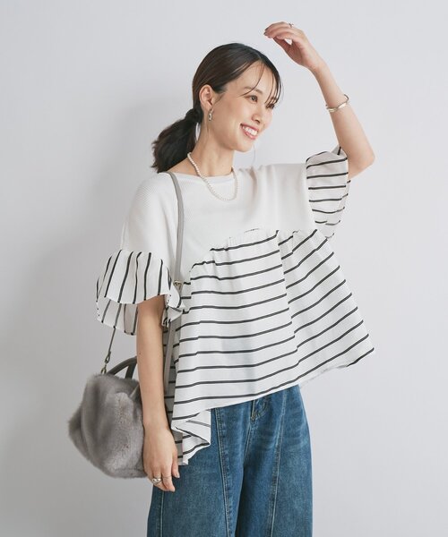 un dix cors(アンディコール)の「《一枚でサマになる》ニットドッキングドビーボーダー(ニット/セーター・レディース・ブラック/ホワイト/ベージュ・FREE)」の6枚目の写真