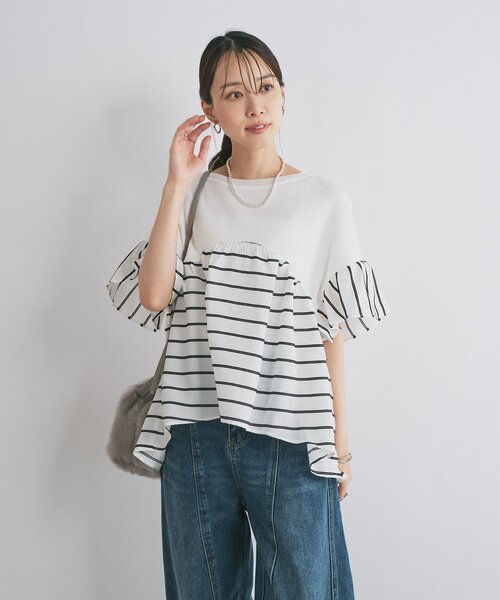 un dix cors(アンディコール)の「《一枚でサマになる》ニットドッキングドビーボーダー(ニット/セーター・レディース・ブラック/ホワイト/ベージュ・FREE)」の7枚目の写真