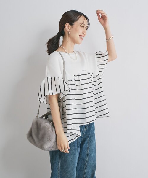 un dix cors(アンディコール)の「《一枚でサマになる》ニットドッキングドビーボーダー(ニット/セーター・レディース・ブラック/ホワイト/ベージュ・FREE)」の8枚目の写真