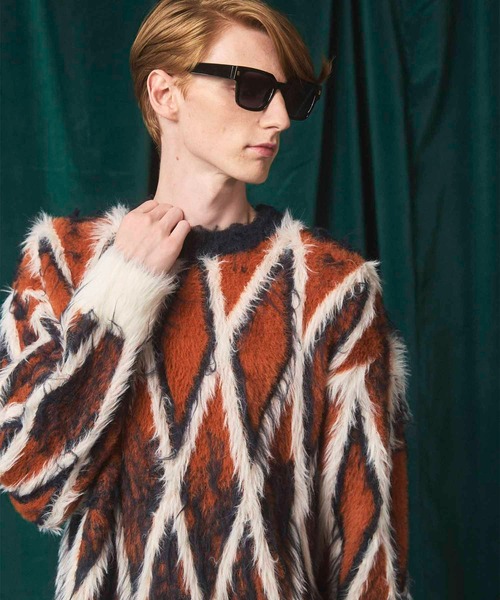 UNISEX》7G Shaggy Jacquard Diamond Pattern Argyle Prime-Over Crew