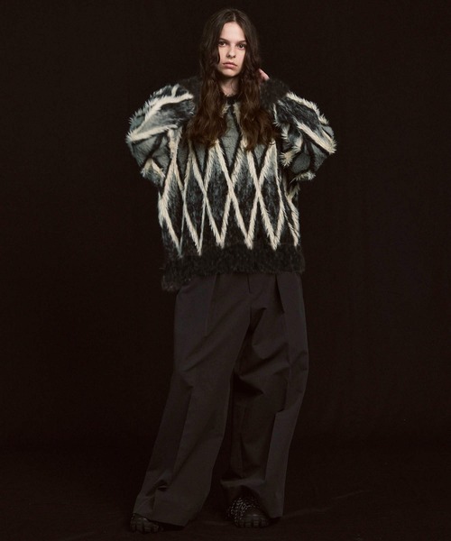 UNISEX》7G Shaggy Jacquard Diamond Pattern Argyle Prime-Over Crew