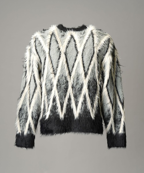 UNISEX》7G Shaggy Jacquard Diamond Pattern Argyle Prime-Over Crew