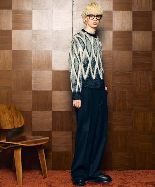 UNISEX》7G Shaggy Jacquard Diamond Pattern Argyle Prime-Over Crew