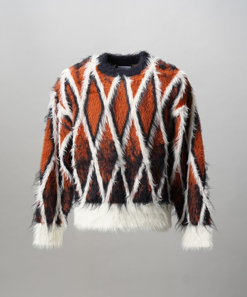 MAISON SPECIAL(メゾンスペシャル)の「《UNISEX》7G Shaggy Jacquard Diamond Pattern Argyle Prime-Over Crew Neck Knit Pullover/7Gシャギージャガードダイヤパターンアーガイルプライムオーバークルーネックニットプルオーバー【MAISON SPECIAL/メゾンスペシャル】(ニット/セーター・メンズ・オレンジ/グレー・0/1/2)」の20枚目の写真