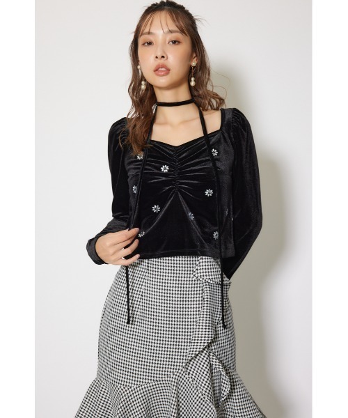 rienda（リエンダ）の「チョーカーセットフラワービジューベロアトップス 秋服 冬服（Tシャツ/カットソー・レディース・ブラック/ライトピンク/グレー・FREE）」の9枚目の写真