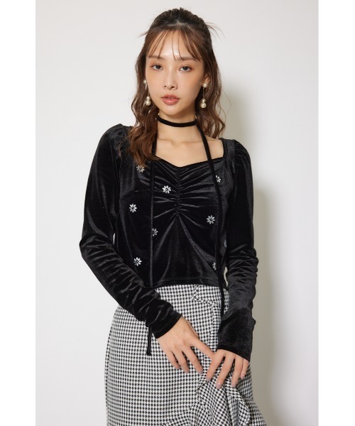 rienda（リエンダ）の「チョーカーセットフラワービジューベロアトップス 秋服 冬服（Tシャツ/カットソー・レディース・ブラック/ライトピンク/グレー・FREE）」の10枚目の写真