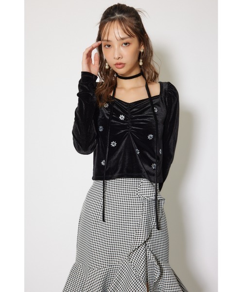 rienda（リエンダ）の「チョーカーセットフラワービジューベロアトップス 秋服 冬服（Tシャツ/カットソー・レディース・ブラック/ライトピンク/グレー・FREE）」の11枚目の写真
